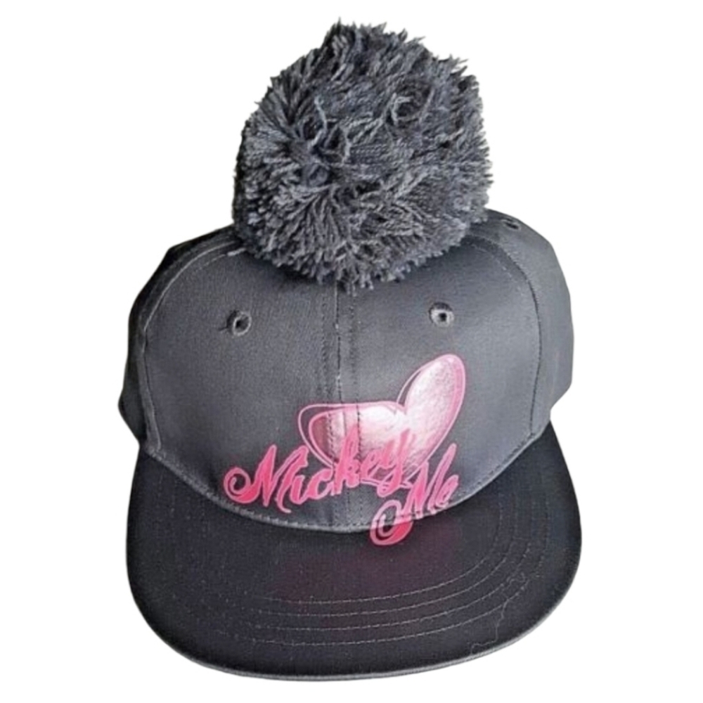 Disney Parks Mickey  Baseball Cap Hat Valentines gray  pink  heart pom pom *